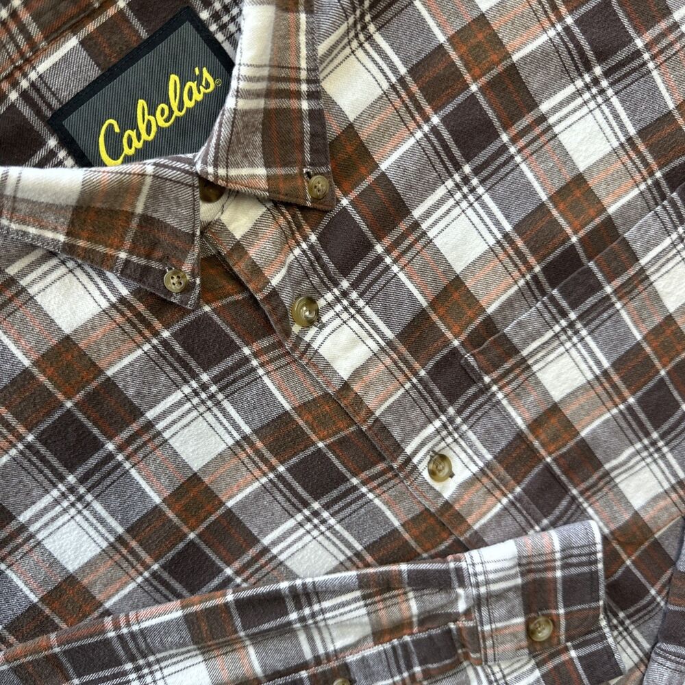 CABELAS Heavyweight Cotton Flannel Button-Up Shirt Mens L  Brown Orange Plaid
